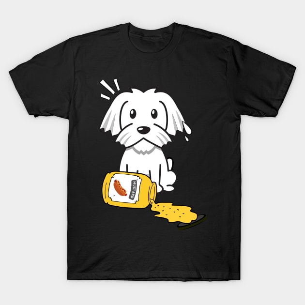 Funny white dog spills a jar of mustard T-Shirt by Pet Station